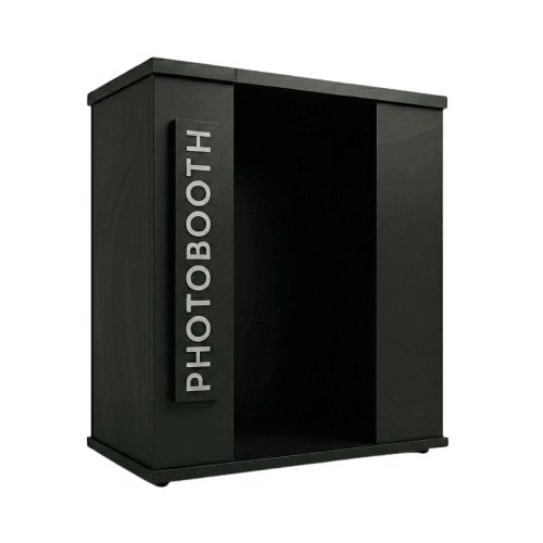 The Black: matte black enclosed photo booth with a lit PHOTOBOOTH sign