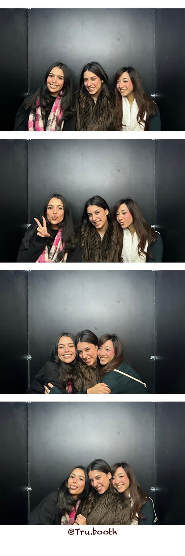 Four-frame photo strip of four friends against a grey backdrop