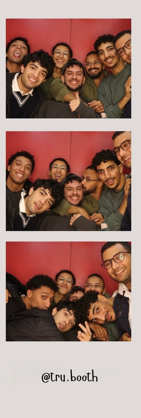Three-frame photo strip of a group of friends on a red backdrop, signed @tru.booth