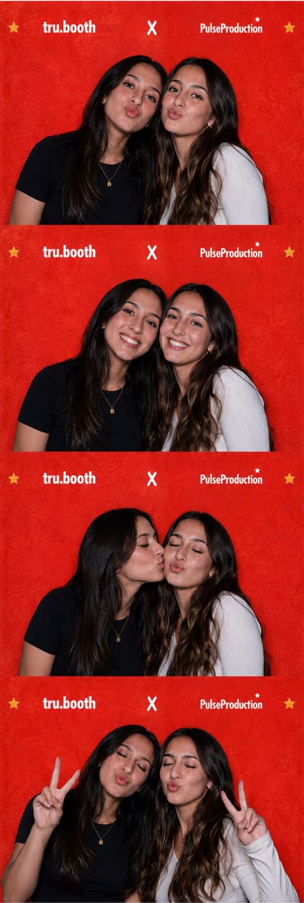 Red co-branded photo strip of two friends with the Tru Booth and partner logos