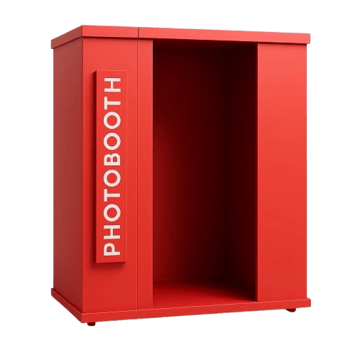 The Red: red enclosed photo booth with a lit PHOTOBOOTH sign